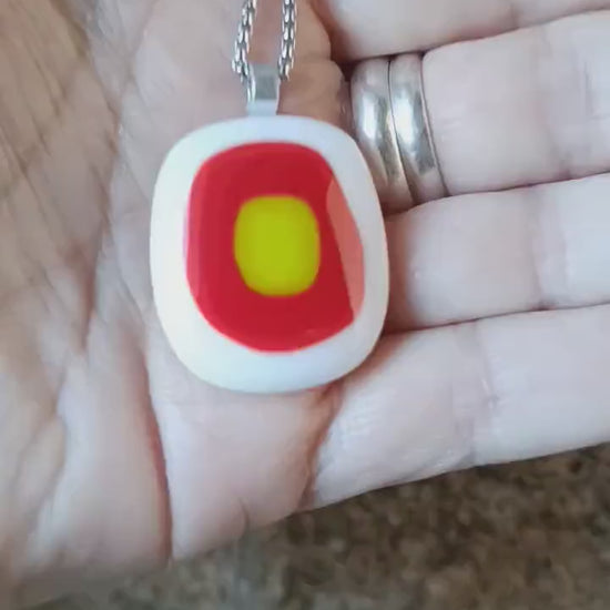 Red, white and lime fused glass pendant with necklace, gift for her, artisan jewellery, easy to post birthday gift