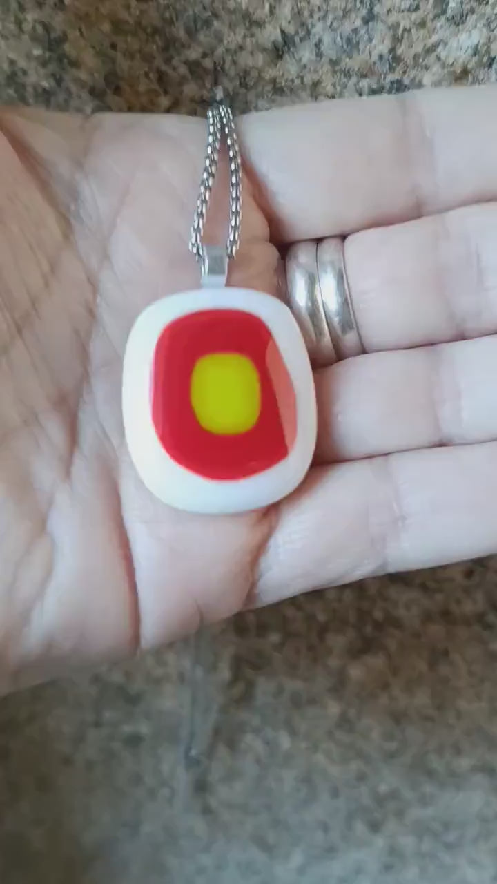 Red, white and lime fused glass pendant with necklace, gift for her, artisan jewellery, easy to post birthday gift