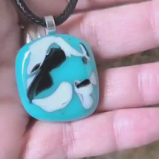 Handmade blue fused glass abstract pendant with cord necklace, handmade jewellery