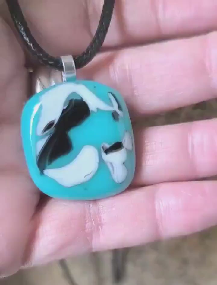 Handmade blue fused glass abstract pendant with cord necklace, handmade jewellery