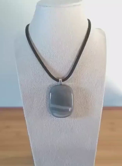 Handmade Unisex Fused Glass Pendant in Natural Grey Tones with Necklace