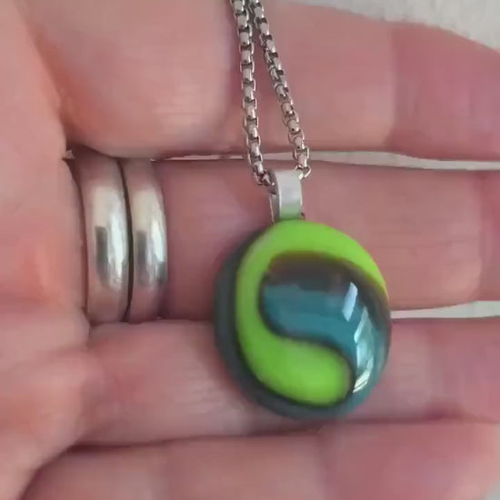 Green and blue glass pendant necklace, melted marble creation, handmade jewellery