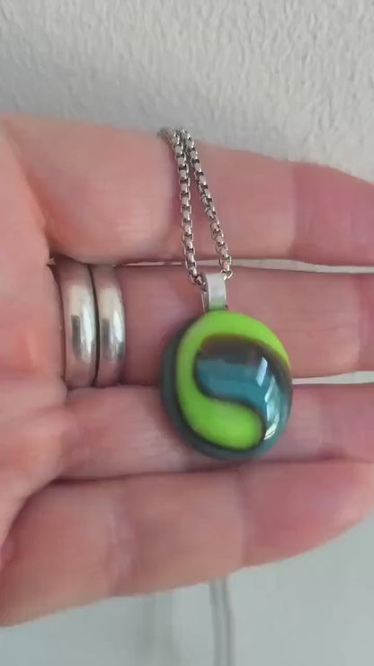 Green and blue glass pendant necklace, melted marble creation, handmade jewellery