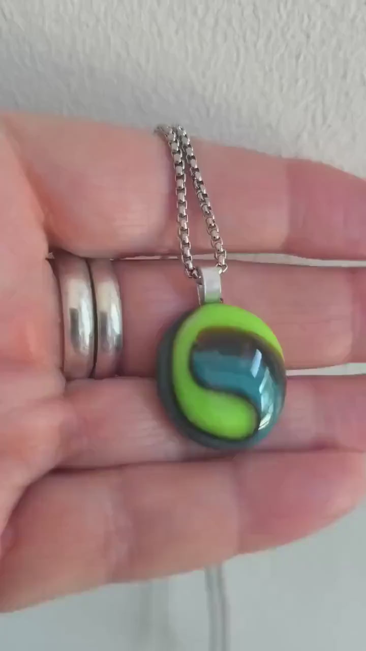 Green and blue glass pendant necklace, melted marble creation, handmade jewellery