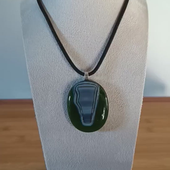 Handmade Green Fused Glass Pendant, Abstract Cord Necklace