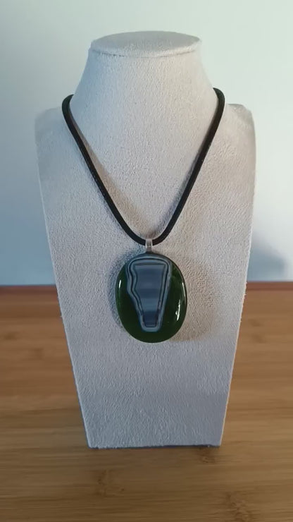 Handmade Green Fused Glass Pendant, Abstract Cord Necklace
