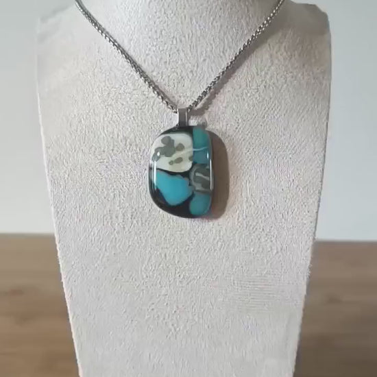 Fused turquoise blue and black glass funky handcrafted pendant with necklace - handmade jewelry