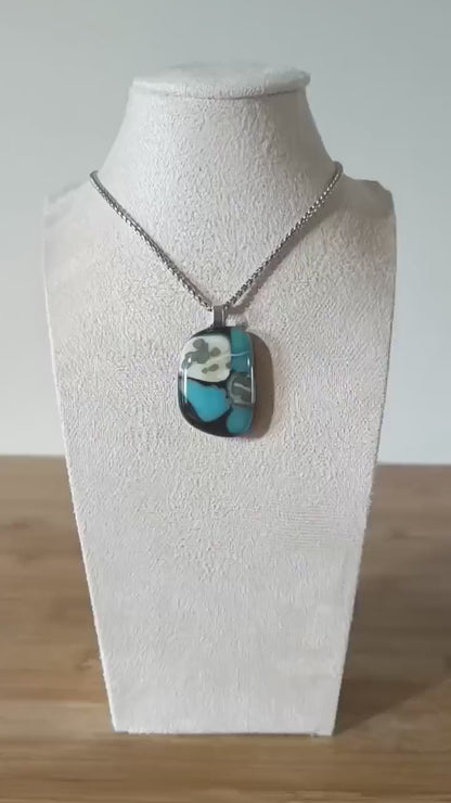 Fused turquoise blue and black glass funky handcrafted pendant with necklace - handmade jewelry