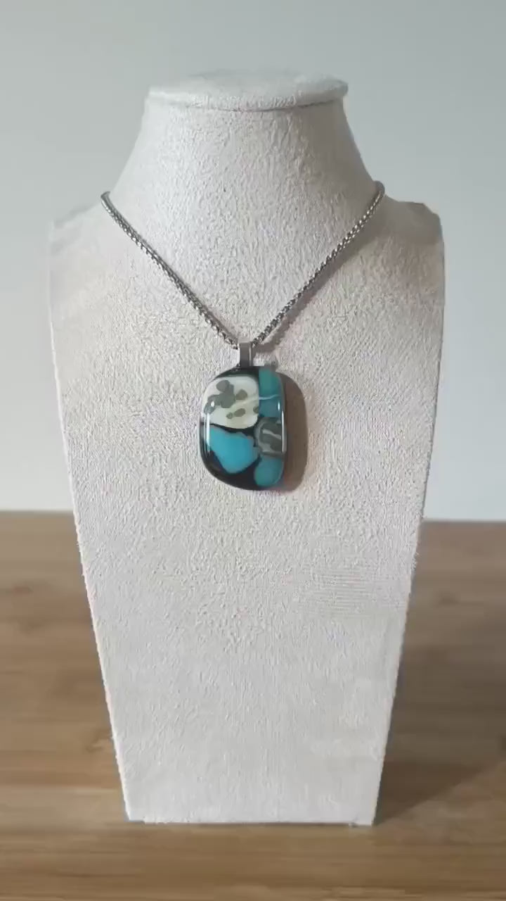 Fused turquoise blue and black glass funky handcrafted pendant with necklace - handmade jewelry