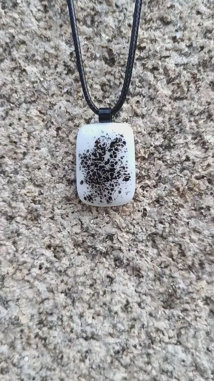 Handmade boho grungy black and white fused glass pendant necklace, birthday gift, jewelry for man or woman, teenage gift
