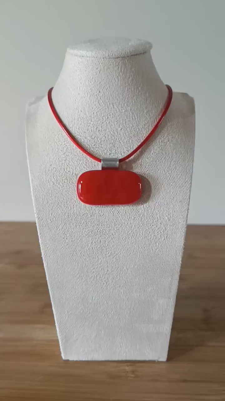 Red fused glass pendant with cord necklace, handmade artisan jewellery