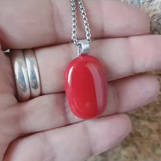 Red Fused Glass Pendant Necklace, Artisan Handmade Jewellery