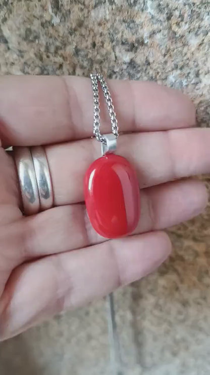 Red Fused Glass Pendant Necklace, Artisan Handmade Jewellery