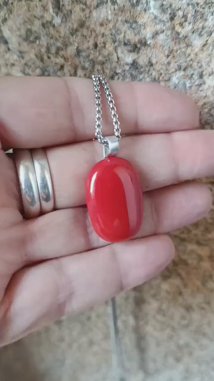 Red Fused Glass Pendant Necklace, Artisan Handmade Jewellery