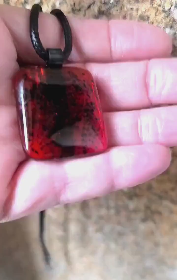Red Glass Fused Glass Pendant with cord necklace, Artisan Handmade Jewellery