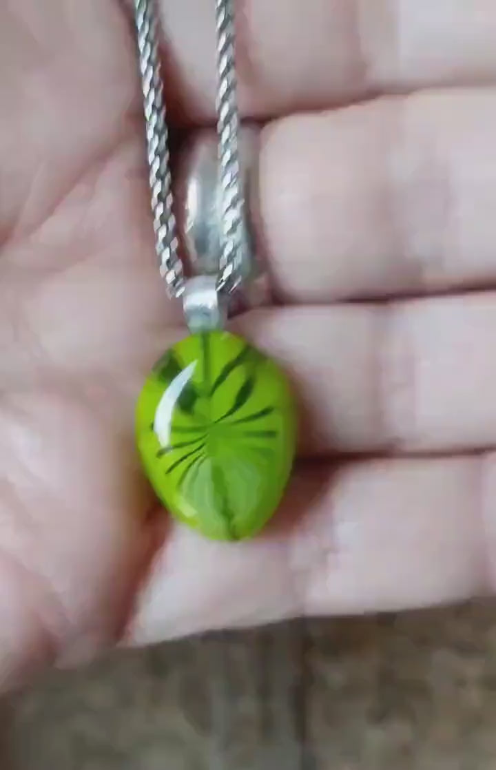 Handmade leaf fused glass pendant necklace with chain, gender-neutral birthday gift idea, easy to mail idea, best gift for her