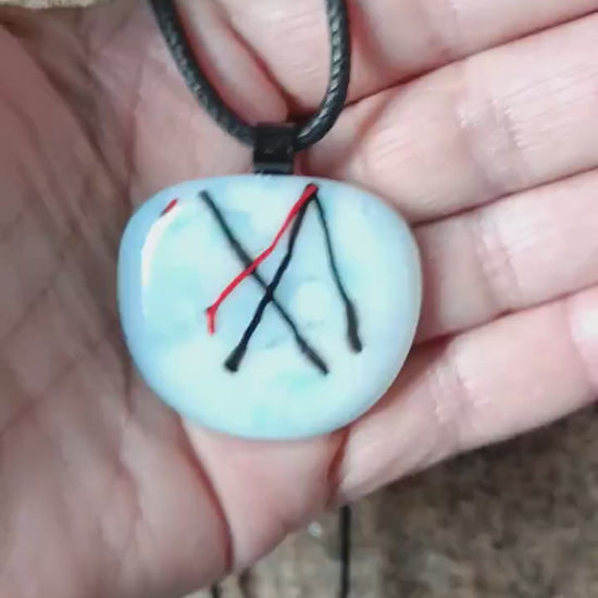 Handmade abstract large fused glass pendant with black cord necklace