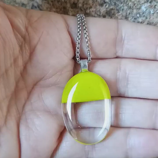Handcrafted lime green and transparent fused glass pendant necklace, artisan handmade jewellery