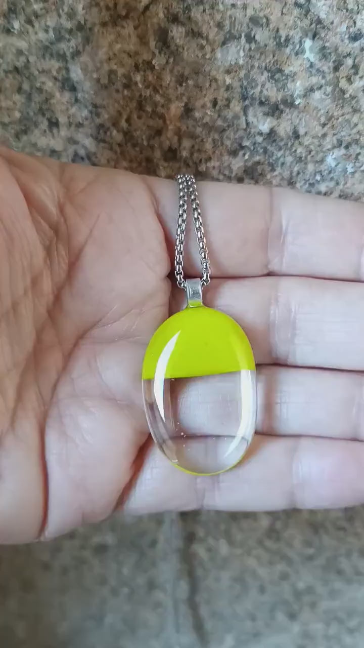 Handcrafted lime green and transparent fused glass pendant necklace, artisan handmade jewellery