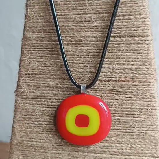 Handmade red and lime green fused glass pendant cord necklace, statement piece, gift for him or her