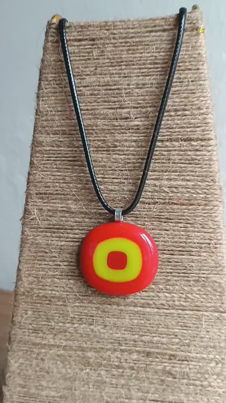 Handmade red and lime green fused glass pendant cord necklace, statement piece, gift for him or her