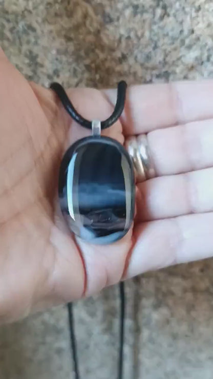 Natural tones black fused glass pendant necklace, handmade jewellery