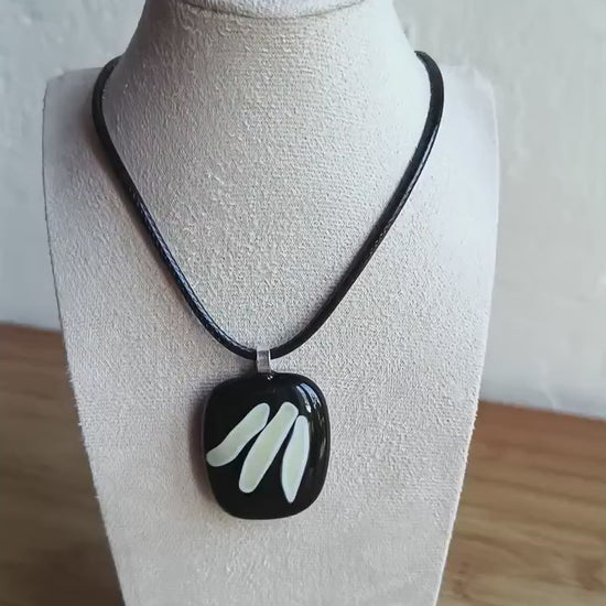 Handmade black and vanilla fused glass pendant necklace, unique birthday gift idea, wearable art jewellery, boho chic gift