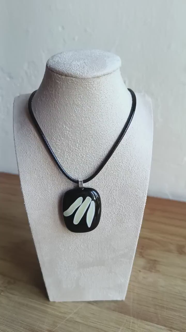 Handmade black and vanilla fused glass pendant necklace, unique birthday gift idea, wearable art jewellery, boho chic gift