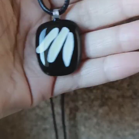 Handmade black and vanilla fused glass pendant necklace, unique birthday gift idea, wearable art jewellery, boho chic gift