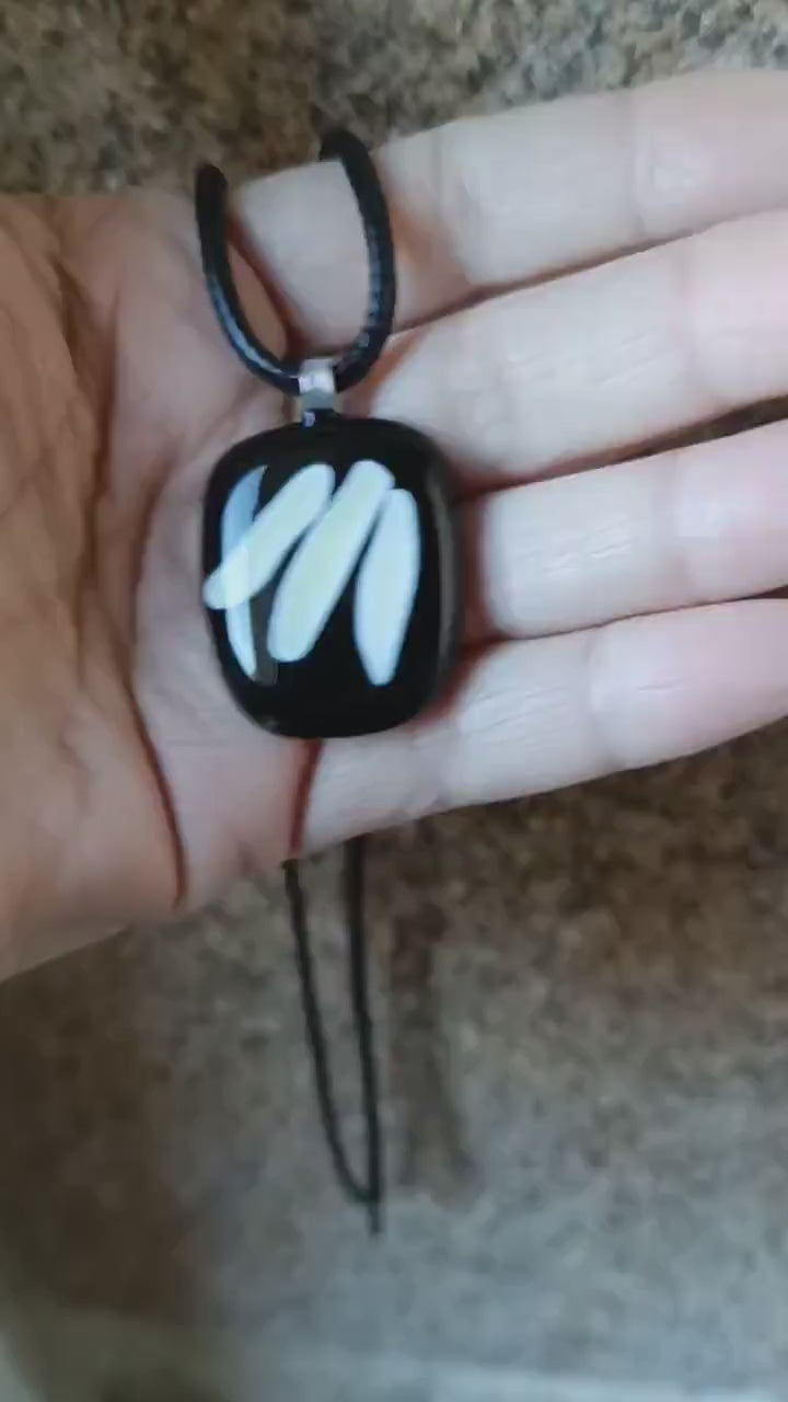Handmade black and vanilla fused glass pendant necklace, unique birthday gift idea, wearable art jewellery, boho chic gift