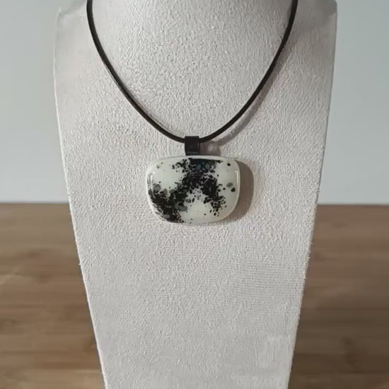 Black and vanilla fused glass pendant necklace, handmade jewelry