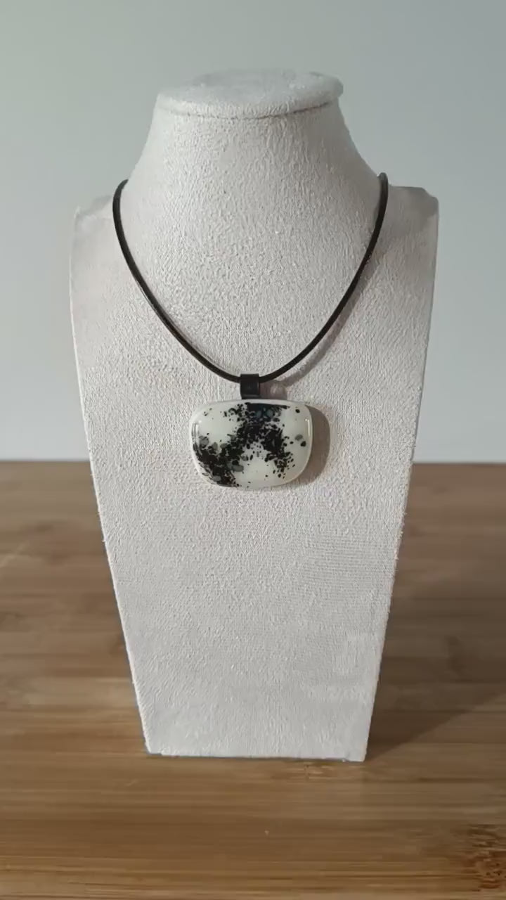 Black and vanilla fused glass pendant necklace, handmade jewelry