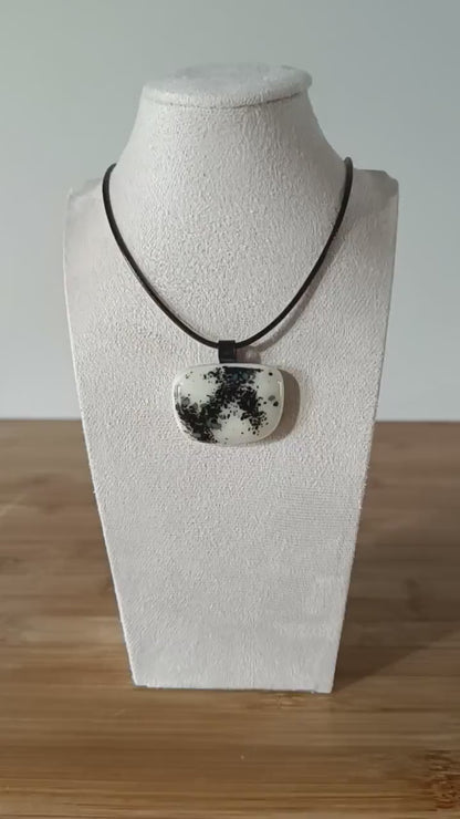 Black and vanilla fused glass pendant necklace, handmade jewelry