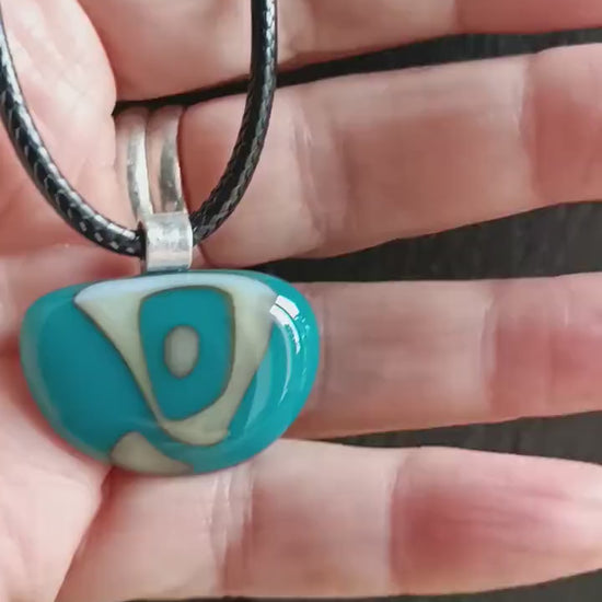 Turquoise and vanilla fused glass pendant necklace, unique handmade jewellery, easy to mail gift