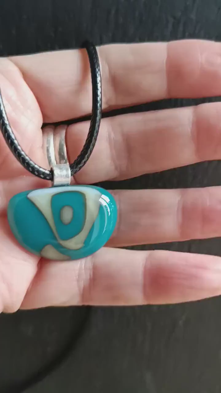 Turquoise and vanilla fused glass pendant necklace, unique handmade jewellery, easy to mail gift