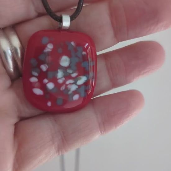 Red fused glass speckled pendant with cord necklace, one of a kind handmade jewellery