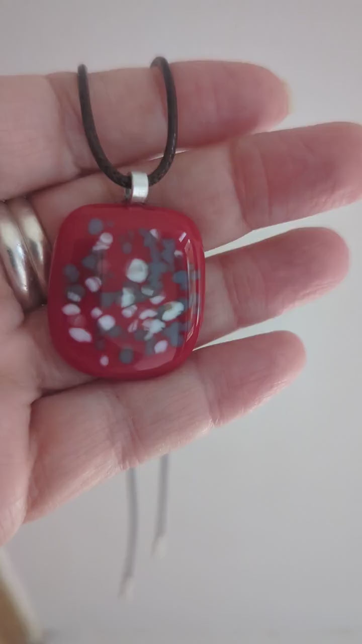 Red fused glass speckled pendant with cord necklace, one of a kind handmade jewellery