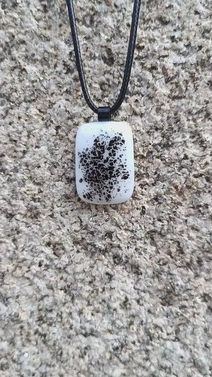 Handmade boho grungy black and white fused glass pendant necklace, birthday gift, jewelry for man or woman, teenage gift