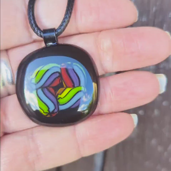 Colourful fused glass pendant with cord necklace, easy to mail jewellery gift