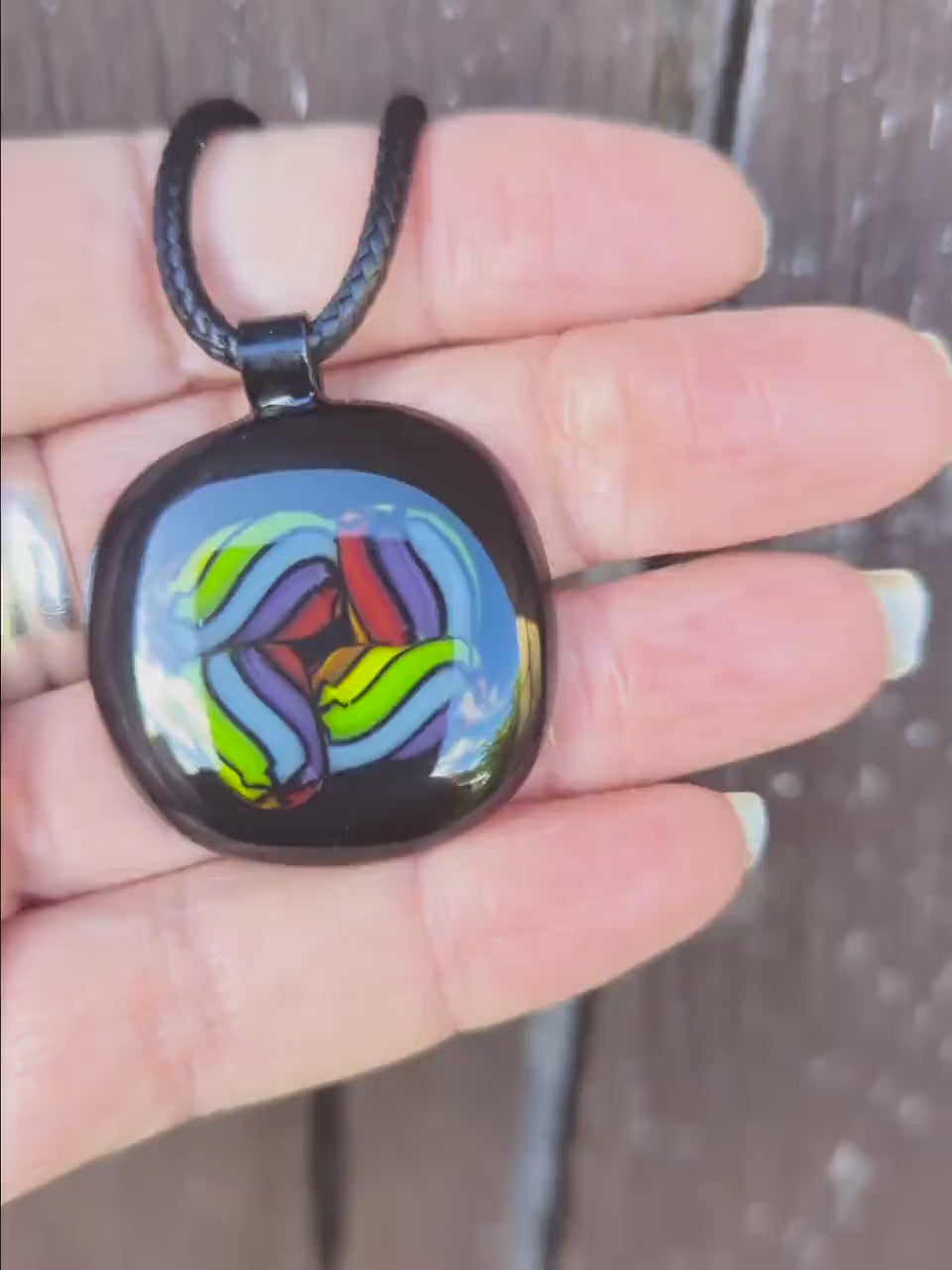 Colourful fused glass pendant with cord necklace, easy to mail jewellery gift