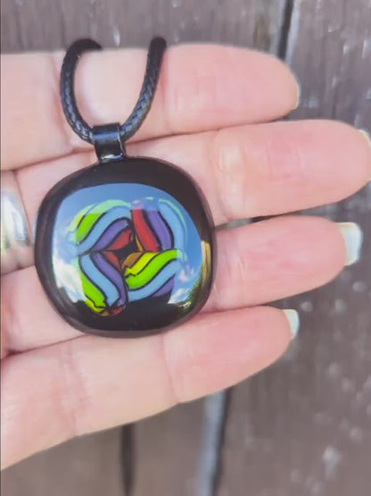 Colourful fused glass pendant with cord necklace, easy to mail jewellery gift
