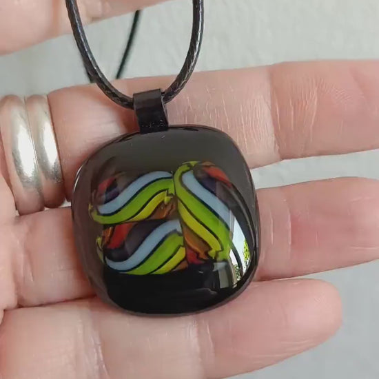 Fused glass pendant necklace, black colourful design,  handmade jewellery unisex