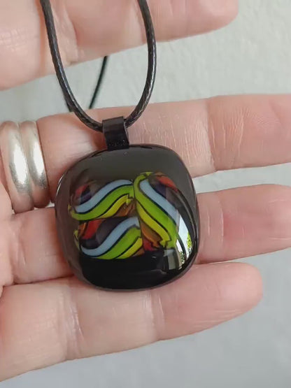 Fused glass pendant necklace, black colourful design,  handmade jewellery unisex
