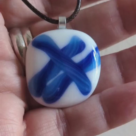 Blue and white fused glass pendant with cord necklace, one of a kind handmade jewellery