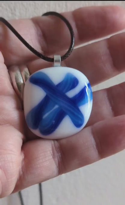 Blue and white fused glass pendant with cord necklace, one of a kind handmade jewellery