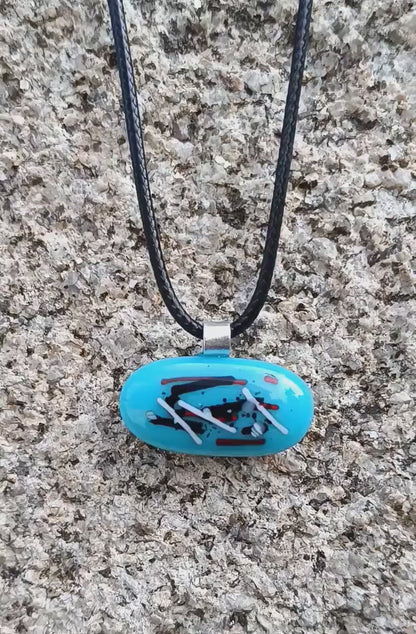 Handmade blue abstract fused glass pendant with cord necklace