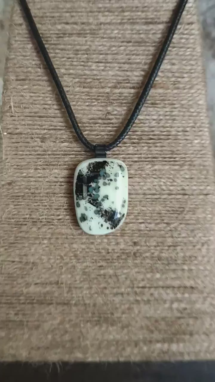 Handmade grungy style fused glass pendant necklace, birthday gift, gift for teen, biker, monotone pendant, gift for dad