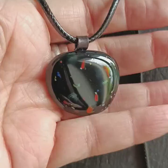 Speckled black glass necklace pendant, handmade jewelry created from an old marble