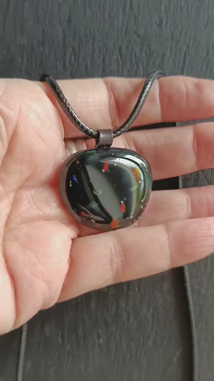 Speckled black glass necklace pendant, handmade jewelry created from an old marble